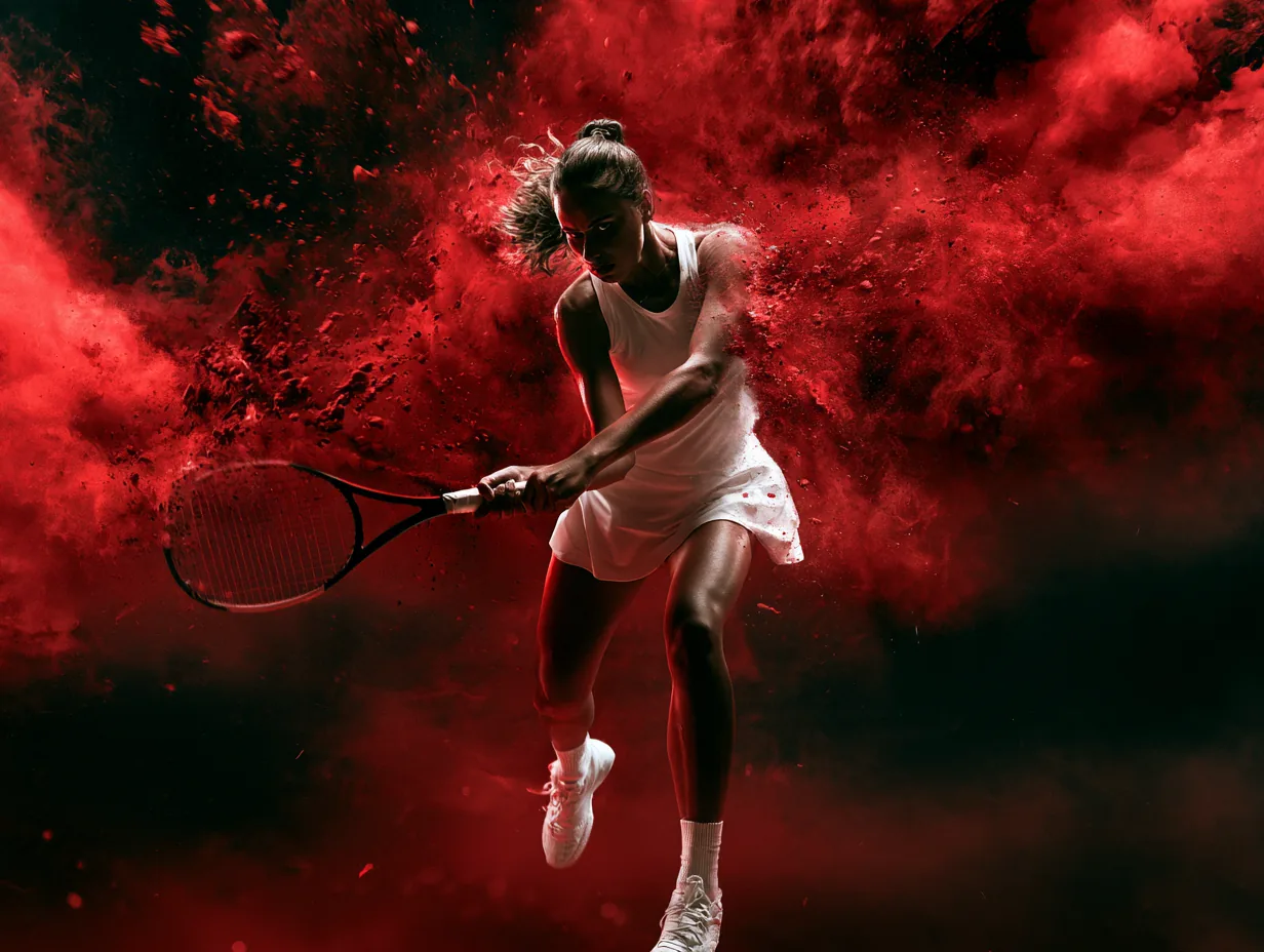 Composición deportiva de una tenista sobre un fondo rojo