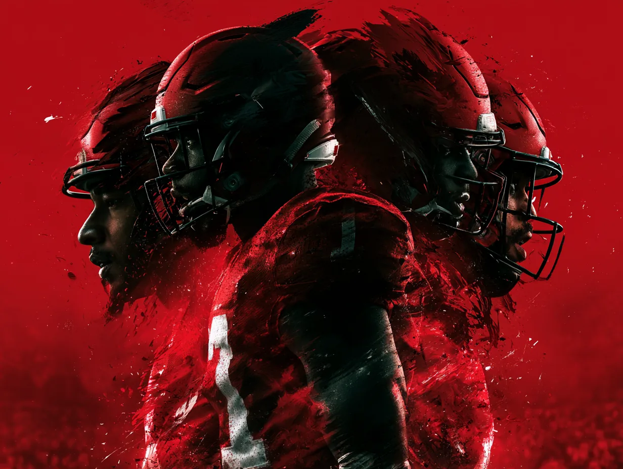 Jugadores de fútbol americano en una composición roja