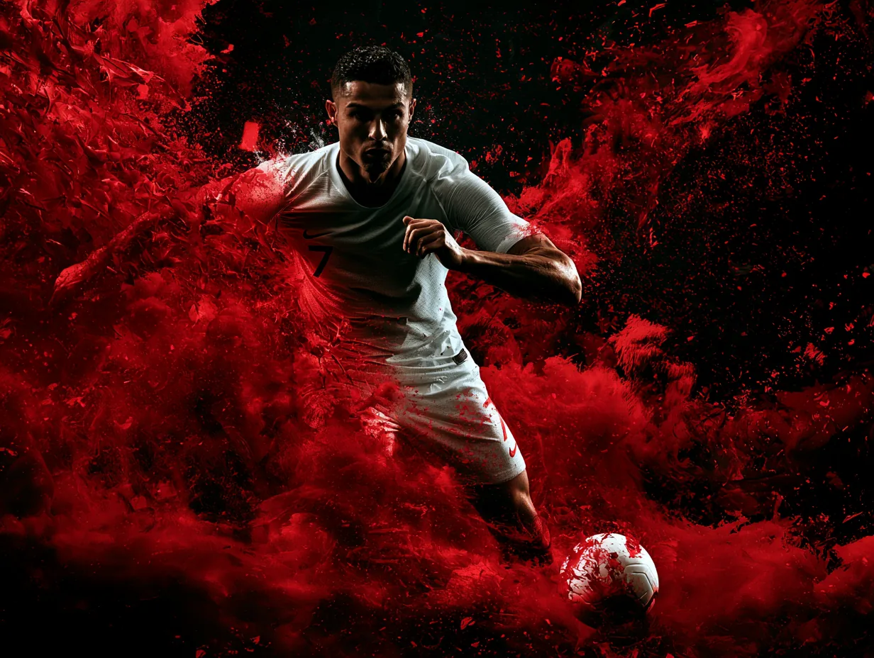 Futbolista con balón entre trazos rojos