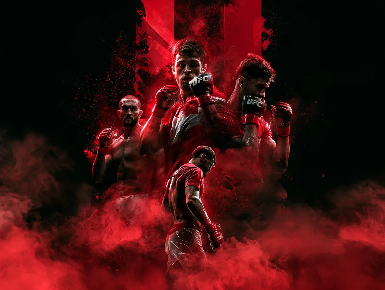 Composición de luchadores sobre un fondo negro y rojo